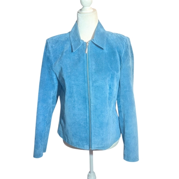 Vtg Suede Leather Turquoise Blue Zip Front Boxy Blazer Jacket  Sz 8 - Picture 8 of 10